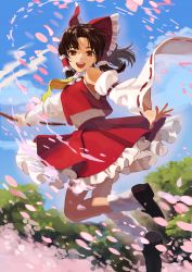 Rule 34 | 1girl, :d, absurdres, ascot, black footwear, blue sky, bow, breasts, brown hair, cherry blossoms, commentary, day, detached sleeves, english commentary, flying, frilled bow, frilled skirt, frills, full body, hair bow, hair tubes, hakurei reimu, highres, looking at viewer, medium breasts, medium hair, mixed-language commentary, nontraditional miko, open mouth, orange eyes, outdoors, parted bangs, petals, pleated skirt, red skirt, shirt, shoes, sidelocks, skirt, sky, smile, socks, solo, touhou, tree, white shirt, white socks, wide sleeves, wind, yellow ascot, yokujitsu
