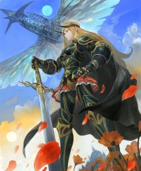 Rule 34 | 1girl, armor, blonde hair, blue eyes, breastplate, castle, circlet, cloud, cloudy sky, creature, douzen, flower, flying, gauntlets, greaves, hand on own hip, headgear, highres, holding, holding sword, holding weapon, knight, long hair, monster, moon, onna kishi (maoyuu), orange flower, original, parted lips, pauldrons, petals, plate armor, shoulder armor, silhouette, skirt, sky, standing, sun, sword, vambraces, weapon, wings