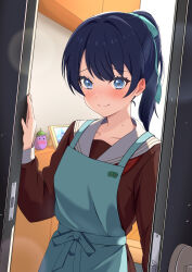 Rule 34 | 1girl, absurdres, alternate hairstyle, apron, blue apron, blue eyes, blue hair, blush, brown dress, closed mouth, collarbone, commentary, doorway, dress, ear blush, furrowed brow, hasu no sora school uniform, highres, link! like! love live!, long hair, long sleeves, looking at viewer, love live!, mole, mole on neck, murano sayaka, ponytail, school uniform, solo, upper body, zanpon