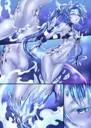 Rule 34 | 1girl, absurdly long hair, absurdres, blue eyes, blue hair, blue skin, breasts, colored skin, commentary, elemental (creature), english commentary, closed eyes, fate/grand order, fate (series), forehead jewel, fujimaru ritsuka (male), genderswap, genderswap (mtf), glacies (monster girl encyclopedia), highres, ibenz009, ice, long hair, monster girl, monster girl encyclopedia, navel, ponytail, small breasts, snowflakes, transformation, very long hair