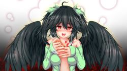Rule 34 | 1girl, 1other, alternate costume, alternate hairstyle, between breasts, bird wings, black hair, black wings, blush, breasts, commentary request, glowing hot, green shirt, hair between eyes, highres, holding hands, long hair, looking at viewer, medium breasts, off-shoulder shirt, off shoulder, open mouth, orika chomu, pov, red eyes, reiuji utsuho, shaded face, shirt, smile, solo focus, steam, third eye, touhou, two side up, upper body, wings