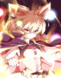Rule 34 | &gt;:), 1girl, blonde hair, cape, glowing, hair ears, looking at viewer, maguro (mawaru sushi), solo, touhou, toyosatomimi no miko, upper body, v-shaped eyebrows, yellow eyes