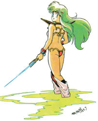 Rule 34 | 1980s (style), 1989, 1girl, armor, ass, ayanokouji rem, bikini armor, bracelet, breasts, butt crack, dated, dream hunter rem, green hair, holding, holding sword, holding weapon, jewelry, long hair, looking at viewer, looking back, mouri kazuaki, official art, retro artstyle, pauldrons, retro artstyle, scan, shoulder armor, signature, smile, solo, standing, sword, wading, weapon