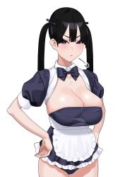 Rule 34 | 1girl, absurdres, apron, black hair, blush, breasts, cameltoe, cleavage, fffukuzawa, frown, hands on own hips, highres, large breasts, long hair, looking at viewer, open mouth, original, panties, parted lips, purple eyes, purple panties, simple background, solo, twintails, underwear, white background