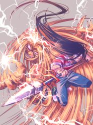 Rule 34 | 2boys, abs, absurdly long hair, aotsuki ushio, beast spear, black hair, denim, electricity, fighting stance, full body, grin, holding, holding polearm, holding weapon, jeans, jumping, kubo cure, long hair, looking at viewer, male focus, monster boy, multiple boys, muscular, navel, orange hair, pants, polearm, sharp teeth, side-by-side, sleeves rolled up, smile, teeth, tora (ushio to tora), ushio to tora, very long hair, weapon