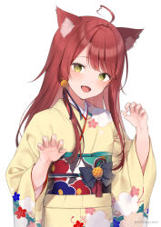Rule 34 | 1girl, :d, ahoge, animal ear fluff, animal ears, brown kimono, claw pose, commentary, fang, floral print, green eyes, hands up, japanese clothes, kimono, long hair, long sleeves, looking at viewer, midorikawa you, obi, open mouth, original, print kimono, red hair, sash, simple background, smile, solo, symbol-only commentary, twitter username, upper body, very long hair, white background, wide sleeves, wolf ears