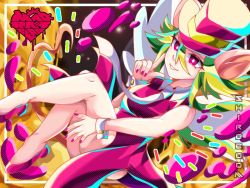 Rule 34 | 1girl, animal ears, blush stickers, breasts, green hair, hat, leotard, mad rat dead, mouse (animal), mouse ears, mouse girl, mouse tail, nail polish, nippon ichi, rat god, red eyes, shiroboom, tail, tie clip, top hat, wings, wrist cuffs