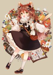 Rule 34 | 1girl, :3, acorn, animal ear fluff, animal ears, artist name, autumn, autumn leaves, bag, berry, black capelet, black dress, black footwear, bow, brown background, brown hair, bug, buttons, capelet, cat ears, cat girl, cat tail, commentary, cross-laced footwear, dated, dragonfly, dress, ear bow, fang, feathers, fish hair ornament, flower, footwear bow, full body, green eyes, hair bow, hair ornament, highres, holding, holding magnifying glass, insect, kneehighs, lace, lace-trimmed capelet, lace-trimmed dress, lace trim, leaf, leaf hair ornament, long hair, looking at viewer, magnifying glass, nail polish, notebook, open mouth, original, outstretched arm, paw print, pinafore dress, scarf, shirt, shoes, shoulder bag, simple background, skin fang, sleeveless, sleeveless dress, smile, socks, solo, standing, striped clothes, striped socks, tabi 0v0, tail, tail raised, vertical stripes, white flower, white scarf, white shirt, white socks, yellow nails