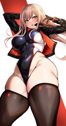 Rule 34 | 1girl, absurdres, agetama, arms up, black gloves, black jacket, black thighhighs, breasts, brown eyes, brown hair, covered navel, cropped jacket, curvy, from below, gloves, goddess of victory: nikke, groin, highleg, highleg swimsuit, highres, jacket, large breasts, long hair, looking at viewer, looking down, narrow waist, official alternate costume, rapi (classic vacation) (nikke), rapi (nikke), shiny skin, skindentation, solo, swimsuit, swimsuit under clothes, thighhighs, thighs, wide hips