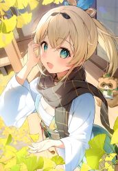 Rule 34 | 1girl, :d, absurdres, black scarf, blonde hair, blue eyes, blush, chest sarashi, day, from above, ginkgo leaf, hair between eyes, hana mori, highres, hololive, jacket, kazama iroha, leaf, long hair, long sleeves, looking at viewer, open clothes, open jacket, open mouth, pokobee, ponytail, sarashi, scan, scarf, smile, solo, standing, veranda, virtual youtuber