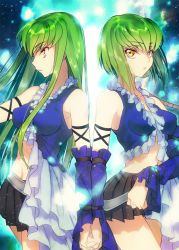 Rule 34 | 1girl, bare shoulders, breasts, c.c., code geass, cosplay, covered erect nipples, creayus, crossover, detached sleeves, dual persona, final fantasy, final fantasy x, final fantasy x-2, green hair, holding hands, lenne (cosplay), lenne (ff10), long hair, looking at viewer, midriff, navel, pleated skirt, short hair, skirt, yellow eyes, yuna (cosplay), yuna (ff10), yuna (ff10) (cosplay)