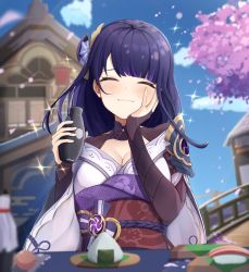 Rule 34 | 1girl, armor, black gloves, blue sky, blush, breasts, bridal gauntlets, bridge, cherry blossoms, cleavage, closed mouth, cloud, cloudy sky, commentary, cup, dango, day, closed eyes, facing viewer, food, genshin impact, gloves, hand on own cheek, hand on own face, happy, highres, holding, holding cup, japanese clothes, kimono, long hair, medium breasts, mole, mole under eye, obi, obiage, obijime, off shoulder, onigiri, outdoors, purple hair, purple kimono, raiden shogun, sash, sera narumu, shoulder armor, sky, smile, solo, sparkle, sushi, tree, upper body, vision (genshin impact), wagashi
