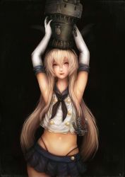 Rule 34 | 10s, 1girl, absurdres, anchor hair ornament, armpits, arms up, bad id, bad pixiv id, black background, black panties, blonde hair, cowboy shot, crop top, crop top overhang, elbow gloves, gloves, hair ornament, hair ribbon, hairband, highleg, highleg panties, highres, kantai collection, kuon (kwonchanji), lips, long hair, looking at viewer, microskirt, midriff, navel, nose, panties, pleated skirt, rensouhou-chan, ribbon, sailor collar, shimakaze (kancolle), skirt, solo, thong, underwear, upper body, very long hair, white gloves, yellow eyes