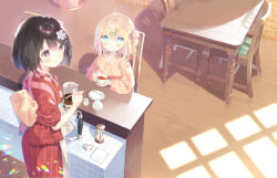 Rule 34 | 2girls, black hair, blonde hair, blue eyes, blush, brown eyes, brown kimono, chair, closed mouth, commentary request, cup, flower, hair between eyes, hair bun, hair flower, hair ornament, hairclip, holding, holding cup, indoors, japanese clothes, kimono, mayu (yuizaki kazuya), multiple girls, on chair, original, red kimono, saucer, single side bun, sitting, smile, spoon, striped clothes, striped kimono, table, teacup, vertical-striped clothes, vertical-striped kimono, white flower, wooden floor, yuizaki kazuya
