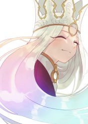 Rule 34 | 1girl, absurdres, closed eyes, closed mouth, crown, dress of heaven, fate/grand order, fate (series), floating hair, from side, highres, illyasviel von einzbern, kaoswald, long hair, silver hair, simple background, smile, solo, spoilers, upper body, very long hair, white background