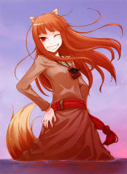 Rule 34 | 1girl, absurdres, animal ears, ayakura juu, blush, brown hair, hand on own hip, highres, holo, long hair, official art, one eye closed, pouch, red eyes, scan, skirt, smile, solo, spice and wolf, tail, wading, water, wink, wolf ears, wolf tail