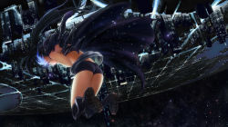 Rule 34 | 10s, 1girl, ass, belt, black hair, black rock shooter, black rock shooter (character), boots, cityscape, coat, closed eyes, highres, long hair, night, outdoors, short shorts, shorts, sky, solo, star (sky), starry sky, torn clothes, twintails, upside-down, yuuhi (at-speakeasy)
