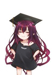 Rule 34 | 1girl, absurdres, aged down, black shirt, blush, closed eyes, commentary, hands on own hips, hat, highres, hololive, hololive english, horns, irys (hololive), jan azure, long hair, mortarboard, multicolored hair, pointy ears, purple hair, red hair, shirt, simple background, smile, solo, symbol-only commentary, t-shirt, virtual youtuber, white background