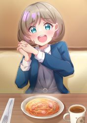 Rule 34 | 1girl, aqua eyes, blue jacket, bob cut, coffee, coffee mug, collared shirt, commentary request, cup, excited, food, fork, hakumai konatsu, hands up, happy, highres, jacket, light brown hair, love live!, love live! superstar!!, mug, multicolored hair, napolitan, open mouth, own hands together, pasta, pink hair, plate, restaurant, school uniform, shirt, short hair, sitting, smile, solo, sparkling eyes, steam, streaked hair, table, tang keke, teeth, two-tone hair, upper teeth only