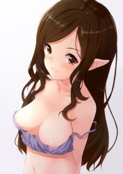 Rule 34 | 1girl, areola slip, arms behind back, bad id, bad twitter id, bare shoulders, blush, bokokichi (you), breasts, brown eyes, brown hair, camisole, cleavage, crop top, crop top overhang, downblouse, from above, gradient background, large breasts, long hair, looking at viewer, matching hair/eyes, mole, mole under eye, navel, no bra, original, pointy ears, sidelocks, simple background, smile, solo, standing, strap slip