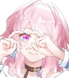Rule 34 | 1girl, black choker, blue eyes, chinese commentary, choker, close-up, closed mouth, commentary, earrings, heart, heart hands, highres, honkai: star rail, honkai (series), jewelry, long sleeves, luthiexxx, march 7th (honkai: star rail), medium hair, pink eyes, pink hair, shirt, simple background, single earring, smile, solo, two-tone eyes, white background, white shirt