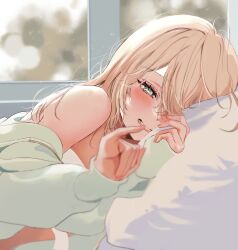 Rule 34 | 1girl, aqua eyes, bare shoulders, bed, blonde hair, blush, chururun0u0, commentary, fingernails, hair between eyes, hair down, highres, hololive, jacket, kazama iroha, looking at viewer, lying, off shoulder, on side, parted lips, pillow, pinky swear, smile, solo, virtual youtuber, window