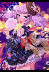 Rule 34 | 1girl, blue eyes, blurry, blurry background, blush, bokeh, bow, bracelet, breasts, character mask, commentary, cotton candy, cowboy shot, depth of field, detached sleeves, food, frilled kimono, frills, from side, hair ornament, hairclip, haruyuki 14, highres, holding, holding food, japanese clothes, jewelry, kaguya luna, kimono, large breasts, letterboxed, long sleeves, looking at viewer, mask, mask on head, medium hair, nail polish, night, obi, open mouth, outdoors, red nails, sash, see-through, sideboob, silver hair, smile, solo, summer festival, the moon studio, twintails, virtual youtuber, wide sleeves, x hair ornament, yukata
