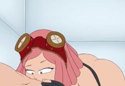 Rule 34 | 1boy, 1girl, animated, ass, bare shoulders, boku no hero academia, bottomless, breasts, cleavage, deepthroat, fellatio, gloves, goggles, goggles on head, hatsume mei, hetero, interior, large breasts, medium hair, oral, penis, pink hair, rubyredva, scrabble007, sound, tank top, thelewdzer, uncensored, video, yellow eyes