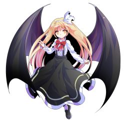 Rule 34 | 1girl, alphes (style), bat wings, black footwear, black skirt, blonde hair, bow, bowtie, buttons, closed mouth, dairi, dress shirt, eyebrows, facing away, frilled sleeves, frills, full body, hair between eyes, hairband, high-waist skirt, highres, kurumi (touhou), loafers, long hair, long skirt, long sleeves, looking away, looking to the side, parody, red bow, red bowtie, ribbon, shirt, shoes, skirt, smile, solo, style parody, suspenders, tareme, touhou, touhou (pc-98), transparent background, very long hair, white hairband, white legwear, white ribbon, white shirt, wings, yellow eyes