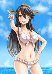 Rule 34 | 1girl, absurdres, bikini, black hair, breasts, brown hair, cleavage, commentary request, contrapposto, cowboy shot, frilled bikini, frills, grey hair, hair ornament, hairband, hairclip, haruna (kancolle), headgear, highres, kantai collection, looking at viewer, medium breasts, navel, ocean, one eye closed, pointing, skypixter, smile, solo, swimsuit, white bikini