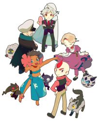 Rule 34 | 00s, 2girls, 4boys, alternate costume, anklet, back-to-back, bad anatomy, bad id, bad pixiv id, banette, barefoot, black hair, blonde hair, blue eyes, blue hair, cape, chibi, closed eyes, coat, creatures (company), crossed arms, curtsey, dark skin, drake (pokemon), dress, elite four, everyone, facial hair, flower, game freak, gen 3 pokemon, glacia (pokemon), glalie, grey hair, hair flower, hair ornament, hands on own hips, hat, highres, jewelry, looking back, luvdisc, mightyena, multiple boys, multiple girls, mustache, nintendo, pants, phoebe (pokemon), pokemon, pokemon (creature), pokemon rse, red eyes, red hair, sableye, sarong, shelgon, short hair, sidney (pokemon), smile, steven stone, strapless, tube top, ucchii, wallace (pokemon), yellow eyes