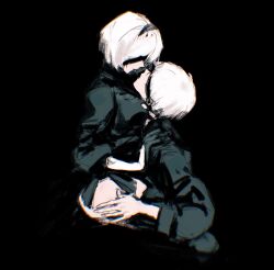 Rule 34 | 1boy, 1girl, 2b (nier:automata), 9s (nier:automata), black background, black dress, black hairband, black jacket, blindfold, couple, dress, face-to-face, from side, hairband, hetero, highres, jacket, ji yuyun, nier:automata, nier (series), open mouth, short hair, simple background, sketch, white hair