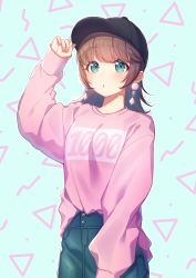 Rule 34 | 1girl, :o, adjusting clothes, adjusting headwear, aqua eyes, baseball cap, black hat, brown hair, clothes writing, denim, earrings, hat, highres, jeans, jewelry, long hair, long sleeves, moyui (myi 005), original, outline, pants, pink shirt, shirt, solo, sweater, white outline