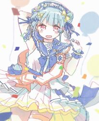 Rule 34 | 1girl, anchor symbol, arm behind head, arm up, armpits, balloon, blue bow, blue hair, blue sailor collar, blush, bow, cha ipride, commentary request, confetti, double bun, frilled gloves, frills, gloves, hair bow, hair bun, hand up, hyodou shizuku, idoly pride, looking at viewer, open mouth, red eyes, sailor collar, shirt, skindentation, skirt, sleeveless, sleeveless shirt, solo, striped, striped bow, thigh strap, white background, white gloves, white shirt, white skirt, yellow bow