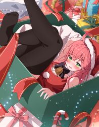 Rule 34 | 1girl, absurdres, ahoge, black thighhighs, blush, box, breasts, christmas present, dress, fur-trimmed headwear, fur trim, gift, green eyes, hair ornament, hat, highres, hololive, in box, in container, large breasts, legs up, long hair, looking at viewer, open mouth, pink hair, red hat, sakura miko, santa dress, santa hat, sleeveless, sleeveless dress, smile, solo, t4n4k4 no yosei, thighhighs, virtual youtuber, x hair ornament