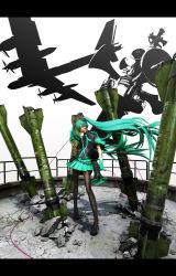 Rule 34 | 1girl, 3d, aircraft, airplane, aqua eyes, aqua hair, bad id, bad pixiv id, bomber, dirty, gloves, hatsune miku, head tilt, headset, highres, hogepper, koi wa sensou (vocaloid), legs, letterboxed, lips, loafers, long hair, megaphone, military, military vehicle, missile, necktie, pantyhose, shoes, skirt, solo, standing, tu-95, tupolev, twintails, very long hair, vocaloid