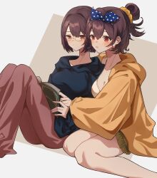 Rule 34 | 2girls, alternate costume, bespectacled, blush, book, breasts, brown hair, cleavage, closed mouth, glasses, hair ornament, hair scrunchie, hairband, highres, holding, holding book, hood, hoodie, hyuuga (kancolle), ise (kancolle), kantai collection, kazeshio, long sleeves, medium breasts, multiple girls, pajamas, pants, parted lips, polka dot, polka dot background, polka dot hairband, ponytail, red eyes, scrunchie, short hair, simple background, sitting, skirt