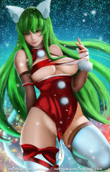 Rule 34 | 1girl, animal ears, bad id, bad pixiv id, bare shoulders, blurry, blurry background, bow, breasts, breasts out, c.c., cat ears, cat tail, christmas tree, cleavage, cleavage cutout, clothing cutout, code geass, convenient censoring, cowboy shot, detached sleeves, dutch angle, gluteal fold, green hair, hair between eyes, large breasts, leotard, lips, long hair, looking at viewer, nefrubi, red bow, red leotard, red ribbon, ribbon, smile, solo, standing, standing on one leg, tail, thighhighs, white thighhighs, yellow eyes