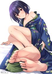 Rule 34 | 1girl, absurdres, accidental exposure, barefoot, black hair, blue kimono, blush, breasts, brown eyes, collarbone, commentary request, covering privates, covering ass, feet, floral print, foot focus, foreshortening, highres, idolmaster, idolmaster shiny colors, japanese clothes, kimono, legs, looking at viewer, morino rinze, obi, on floor, parted lips, print kimono, sash, short hair, single bare shoulder, small breasts, socks, soles, solo, takatsuki p, thighs, twitter username, white background