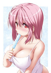 Rule 34 | 1girl, bare shoulders, blush, border, breasts, camisole, covered erect nipples, dripping, eating, food, food on body, food on breasts, from above, hand up, highres, holding, holding food, holding ice cream, ice cream, large breasts, melting, nori tamago, pink hair, popsicle, red eyes, saigyouji yuyuko, sexually suggestive, short hair, simple background, solo, spaghetti strap, sweat, touhou, upper body, white camisole