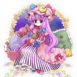 Rule 34 | 1girl, bad id, bad pixiv id, bird, biyon, chick, chicken, coat, crescent, dress, frilled pillow, frills, hair ribbon, hat, long hair, long sleeves, looking at viewer, open clothes, open coat, patchouli knowledge, pillow, purple dress, purple eyes, purple hair, ribbon, solo, striped clothes, striped dress, stuffed animal, stuffed toy, teddy bear, touhou, tress ribbon, very long hair