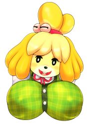 Rule 34 | 1girl, animal crossing, animal ears, bell, black eyes, blush stickers, breasts, buck teeth, covered erect nipples, dog ears, dog girl, female focus, furry, furry female, green vest, hair bell, hair ornament, hair tie, happy, highres, isabelle (animal crossing), jingle bell, large breasts, mato spectoru, neck ribbon, nintendo, open mouth, plaid, plaid vest, red ribbon, ribbon, shirt, short hair, simple background, smile, solo, teeth, topknot, upper body, vest, white background, white shirt