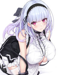 Rule 34 | 1girl, anchor choker, apron, azur lane, bare shoulders, black hairband, black skirt, blue ribbon, blunt bangs, blush, breasts, center frills, choker, clothing cutout, cuffs, dido (azur lane), dress, frilled choker, frills, hair ribbon, hairband, highres, kneeling, large breasts, leaning forward, long hair, looking at viewer, maid, parted lips, purple eyes, ribbon, skirt, smile, solo, thighhighs, underboob, underboob cutout, untue, waist apron, white apron, white hair, white thighhighs