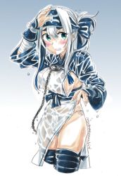Rule 34 | 10s, 1girl, ainu, ainu clothes, arm up, bandages, bandaged arm, bandana, black legwear, blue eyes, blush, breasts, cowboy shot, cropped jacket, dress, folded ponytail, hair between eyes, headband, kamoi (kancolle), kantai collection, large breasts, long hair, long sleeves, looking at viewer, panties, sagamiso, side-tie panties, sidelocks, simple background, sleeveless, sleeveless dress, solo, thick eyebrows, twitter username, underwear, water, wet, wet clothes, white dress, white hair, wrist guards