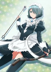 Rule 34 | 1girl, alternate costume, apron, arrow (projectile), bad id, bad pixiv id, blue eyes, blue hair, bow (weapon), enmaided, fire emblem, fire emblem fates, hair over one eye, kakiko210, maid, maid apron, maid headdress, matching hair/eyes, nintendo, open mouth, setsuna (fire emblem), solo, thighhighs, weapon