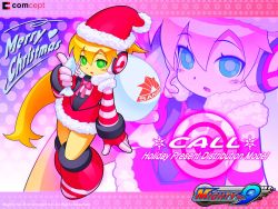 Rule 34 | 1girl, bag, blonde hair, boots, call (mighty no. 9), call f, child, christmas, dress, female focus, green eyes, hat, headset, highres, long hair, mighty no. 9, santa costume, solo, very long hair