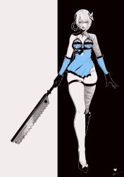Rule 34 | 1girl, bandaged arm, bandaged leg, bandages, black gloves, black lips, braid, breasts, butterfly hair ornament, commentary request, detached sleeves, eightyfourart, eyelashes, full body, gloves, hair ornament, highres, holding, holding sword, holding weapon, kaine (nier), legs, limited palette, lingerie, long hair, looking at viewer, medium breasts, nier, nier (series), skindentation, solo, standing, sword, thighhighs, underwear, weapon, white thighhighs