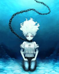 Rule 34 | 1girl, albino, anchor, asphyxiation, belt, belt buckle, breasts, buckle, chain, clenched teeth, collar, collarbone, commentary request, crop top, denim, drowning, full body, hand on lap, jeans, kneeling, long hair, looking at viewer, medium breasts, navel, ocean, original, pale skin, pants, parted lips, red eyes, seiza, shirt, short sleeves, sitting, slit pupils, solo, stomach, teeth, underwater, white hair, white shirt, yajirushi (chanoma)