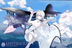 Rule 34 | 1girl, aircraft, airplane, azur lane, biplane, breasts, character name, cleavage, day, detached collar, dress, elbow gloves, fairey swordfish, gloves, illustrious (azur lane), large breasts, low twintails, mole, mole under eye, outdoors, reflection, solo, standing, standing on one leg, strapless, strapless dress, thighhighs, tri tails, twintails, vehicle focus, white dress, white gloves, white thighhighs