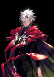 Rule 34 | 1boy, amakusa shirou (fate), black background, black jacket, black pants, brown eyes, cape, closed mouth, cowboy shot, cross, cross necklace, fate/apocrypha, fate (series), hair over one eye, jacket, jewelry, long sleeves, male focus, necklace, one eye covered, pants, red cape, silver hair, simple background, solo, spiked hair, standing, tenobe
